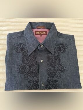 REPLAY Italy Womens Denim Shirt Size L Navy Blue Cotton  Size L Long Slevee